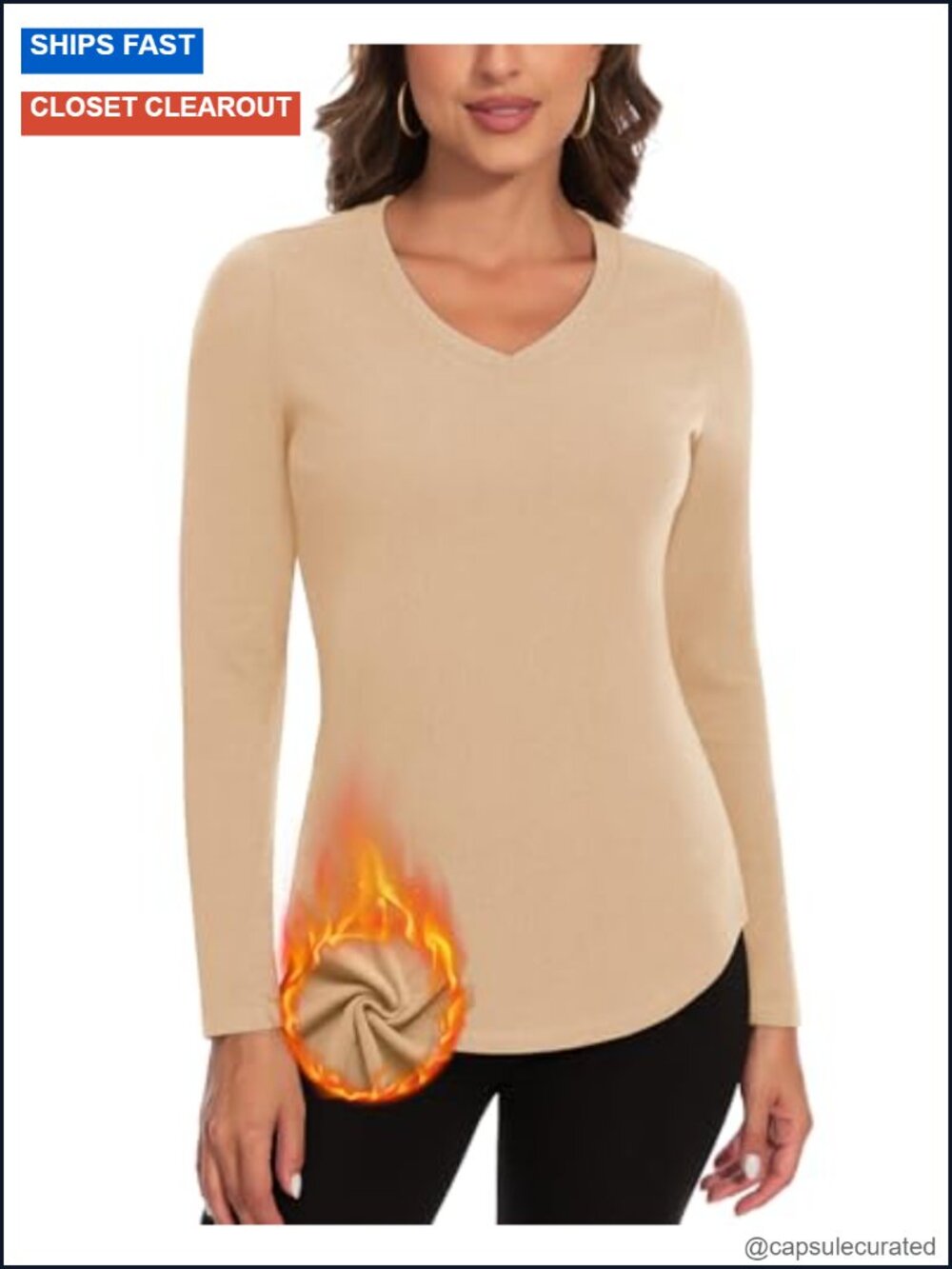 V Neck Fleece Lined Thermal Long Sleeve Base Layer Top for Women Cold Weather